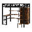 Lit mezzanine double en métal avec bureau intégré, garde-robe ouverte et tablettes de rangement