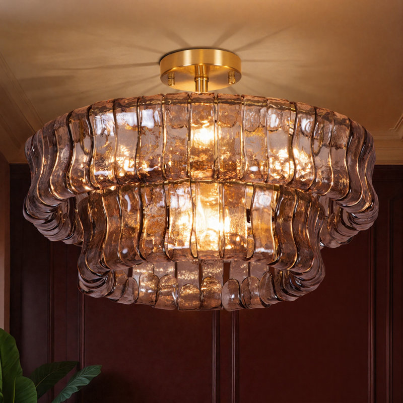 20" 6-Light Brushed Brass Double-Layer Gray Artistic Glass Unique / Statement Semi-Flush Mount For Living Room/Bedroom, Gray