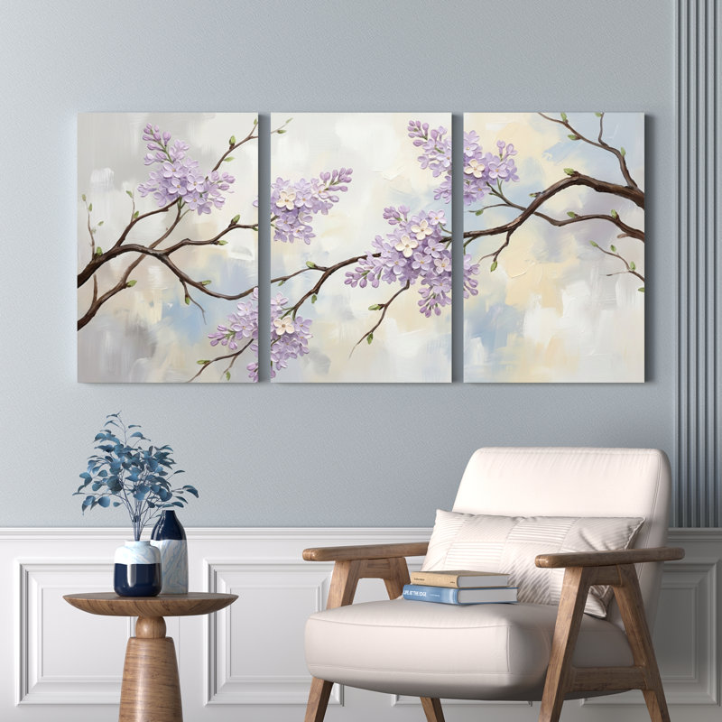 Lavande en fleurs Branches, reproduction d'art sur toile tendue sur toile, ensemble de 3 décorations pour salon