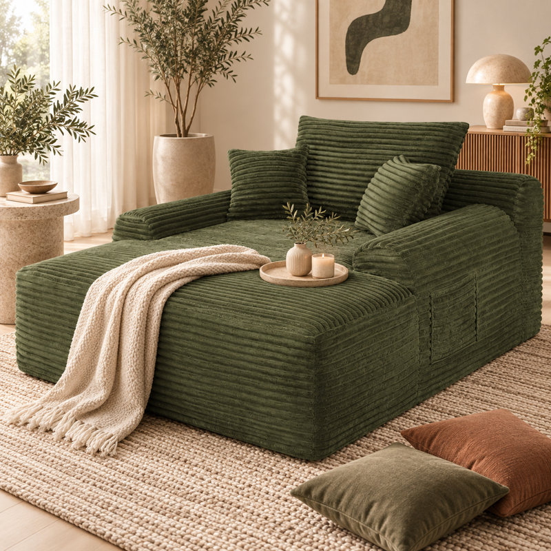 Canapé-lit convertible en tissu pelucheux, sans dossier, avec méridienne, larges accoudoirs et coussins décoratifs. Aucun assemblage requis. Parfait pour le salon ou la chambre. Vert.