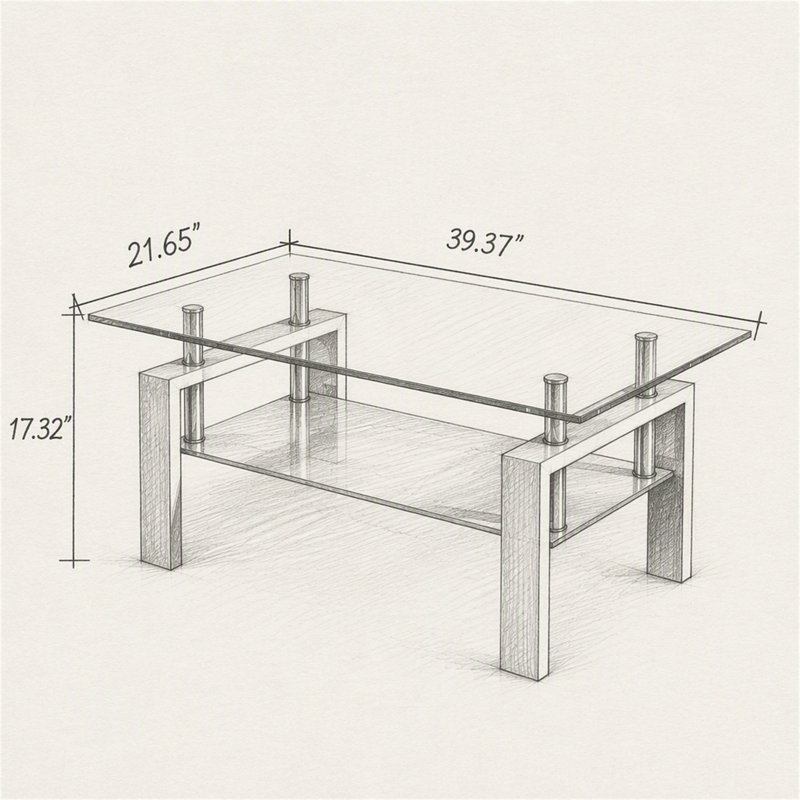 Table basse en verre trempé transparent, H 17,72 po x l 39,37 po x P 21,65 po, Transparent / Blanc