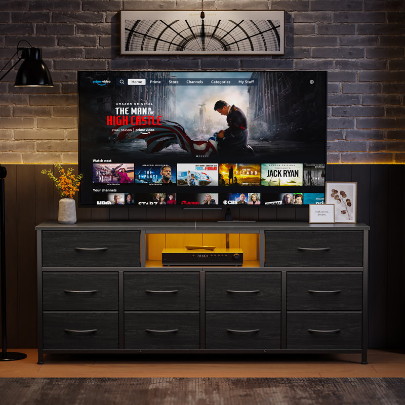 55-inch Tv Stand With Led Lighting, Charging Station & 10-drawer Storage – Modern Multi-functional Media Console For Living Room & Bedroom