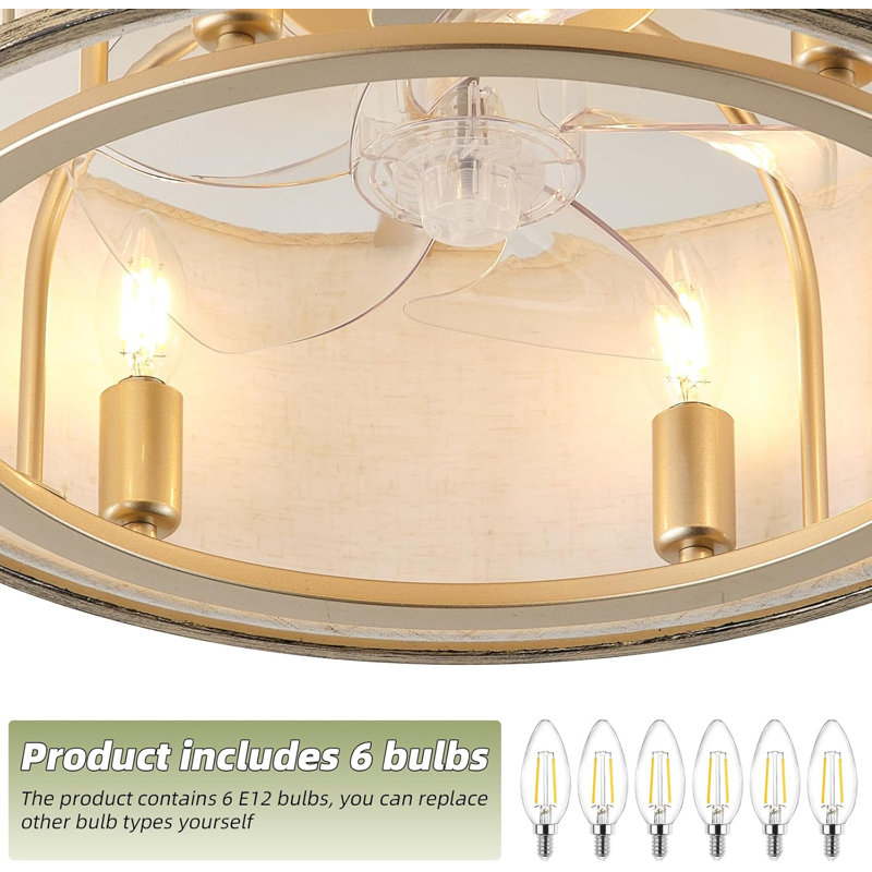 20" Caged Crystal Ceiling Fan With Light, Gold Flush Mount Ceiling Fans With Lights Remote Control, Enclosed With 6 Speeds For Bedroom, Living Room, Nursery