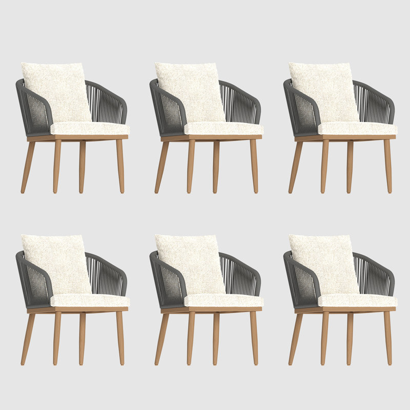 Outdoor Patio Dining Armchair with Cushion, 6, Beige, Brown Wood