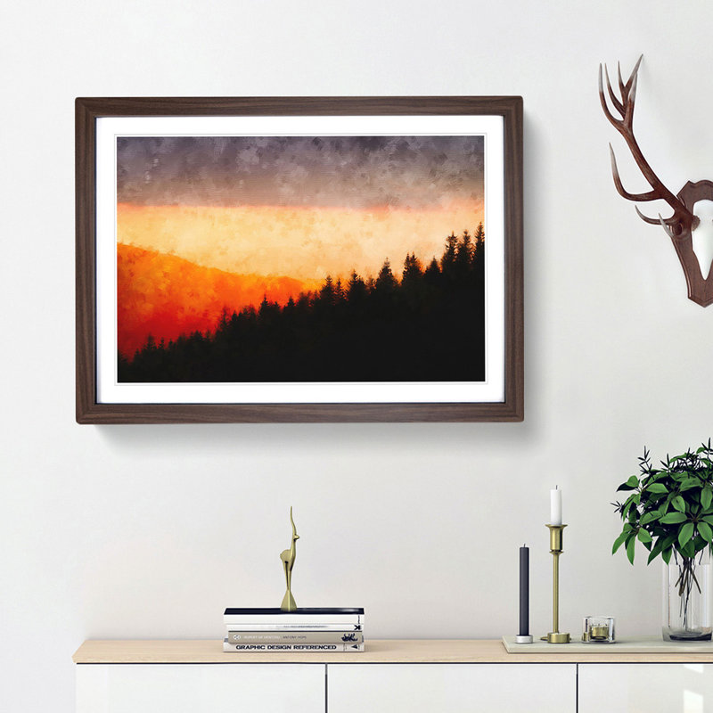 Sunset over Cantal France - Picture Frame Painting Print, 45cm H x 63cm W x 2cm D, Walnut Framed