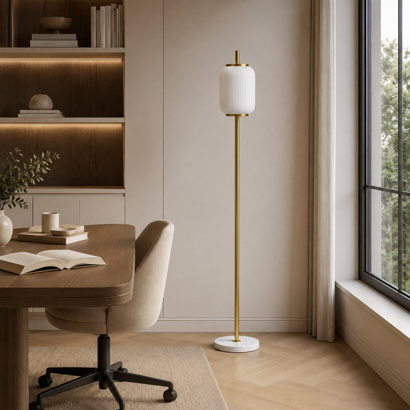 64" Modern Glam Brass Metal Floor Lamp with Ribbed White Glass Shade and Marble Base, White