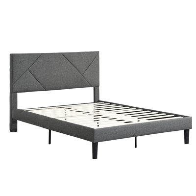Queen Size Bed With Upholstered Headboard - Strong Back Framework Mattress Foundation No Box Spring Gray Simple Assembly Frame Support Easy