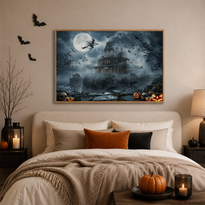 Spooky Haunted House on Foggy Cliff with Flying Halloween Canvas Wall Art
