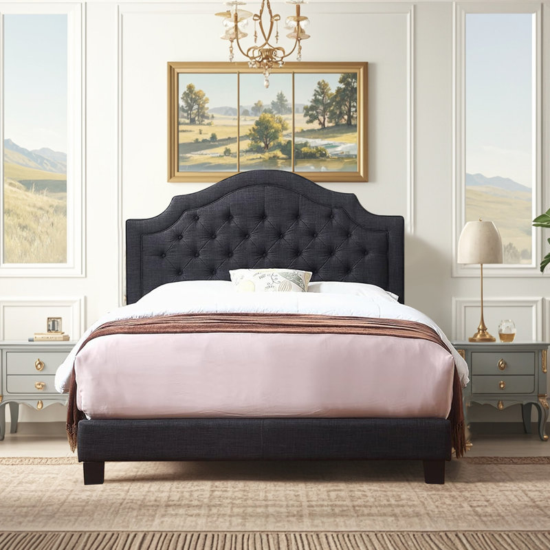Linen Upholstered Bed with Adjustable Headboard and Button Tufting, Black, Full