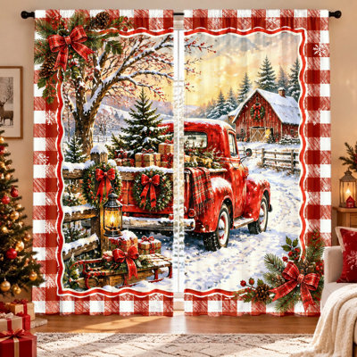 Lot de 2 rideaux de Noël à motif camion, scène rustique de ferme hivernale, rouge vintage avec cadeaux, paysage enneigé, décoration festive, occultants, protection de l'intimité, conception à œillets, lavables à la machine, conviennent au salon, à la chambre et à la cuisine.