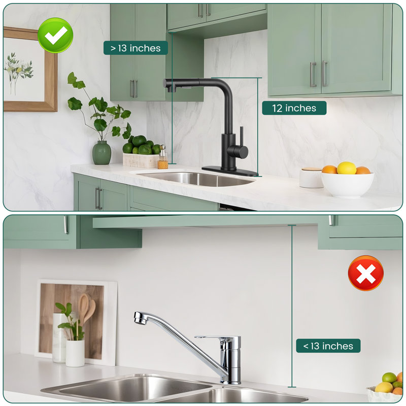 Robinet de cuisine à poignée simple avec deux modes de sortie d'eau rétractable, Noir mat