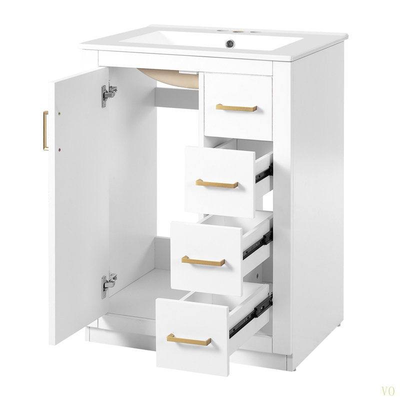Meuble-lavabo 24 po avec lavabo intégré en céramique, meuble-lavabo à une porte, 3 tiroirs et meuble-lavabo simple pour petite et moyenne salle de bain