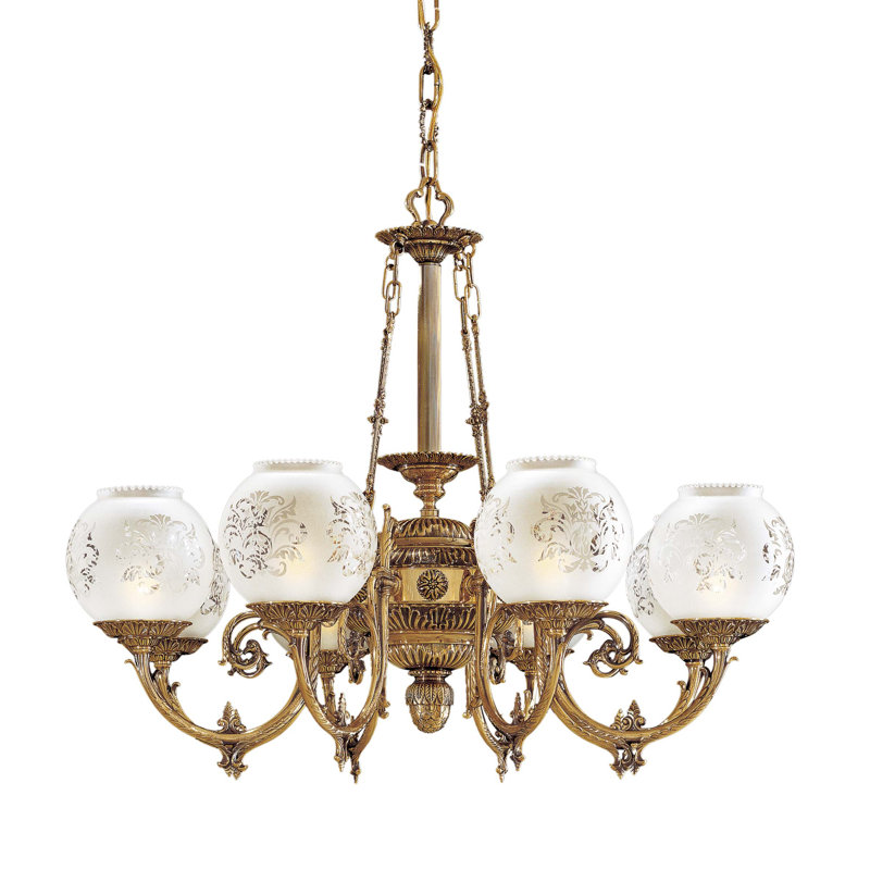 Antique Brass 8-Light Chandelier with Frosted Etched Glass Shades