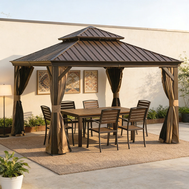 13x13FT Outdoor Gazebo with Galvanized Steel Double Roof, Drainage System, and Inclusive Curtains for Year-Round Comfort and Protection.