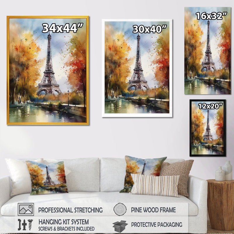 «Pastel Eiffel Tower In Paris III», reproduction d'art sur toile Paris, H 40 po x l 30 po x P 1,5 po, Encadrement argenté
