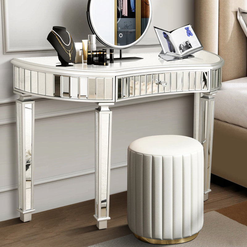 Meuble-lavabo à miroir demi-lune de 47 po avec tiroir en verre cannelé et poignées en cristal, gris et argent, pieds, -, console multi-usage et tiroir d'entrée argenté pour chambre à coucher / vestiaire, style Mid-Century