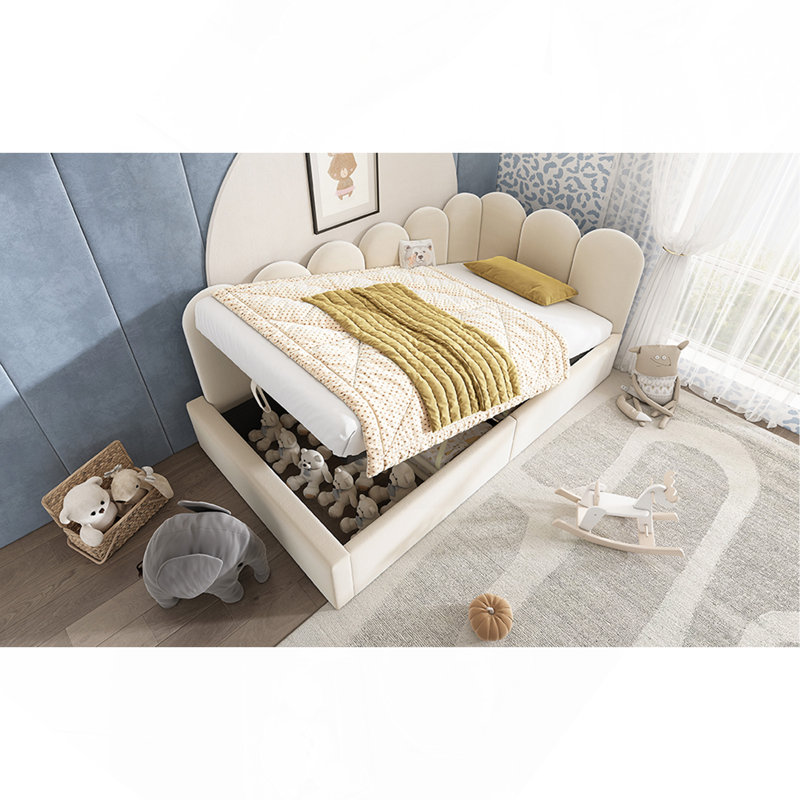 Twin Size Velvet Daybed with Hydraulic Storage, Upholstered Single Sofa Bed Frame with Metal Slat Support, No Mattress, Beige