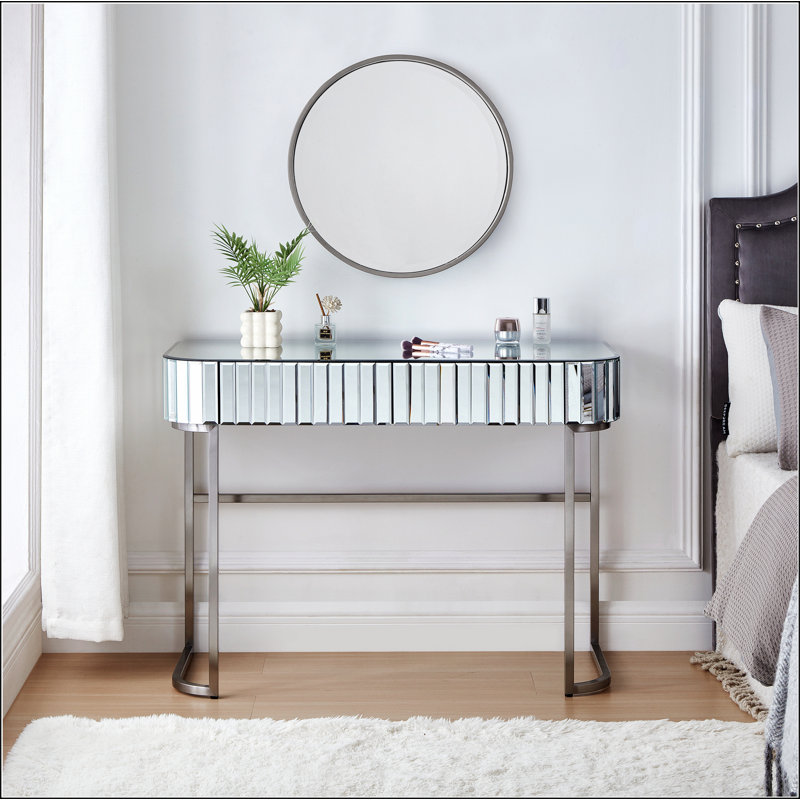 39" Mirrored Makeup Vanity Table with Stainless Steel Base, Mirrored Console Dressing Table with 2 Drawers,Versatile Desk for Bedroom and Office
