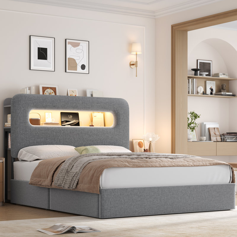 Upholstered Bed Frame, Storage Bed with LED and Charging Station, Queen, Grey