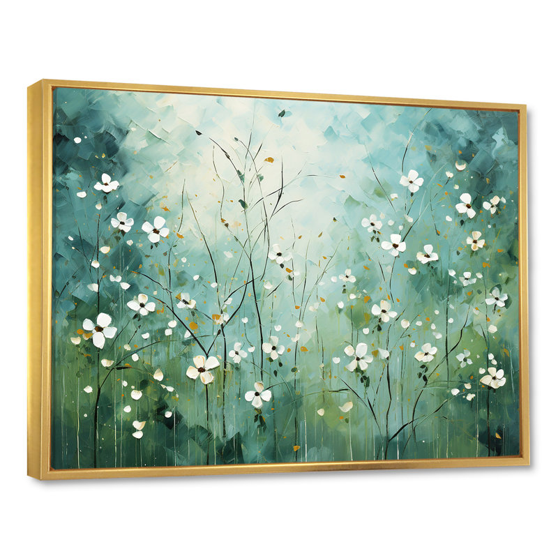 «White and Green Herbs Symphony I», art mural sur toile florale, Cadre flottant doré, H 16 po x l 32 po x P 1 po