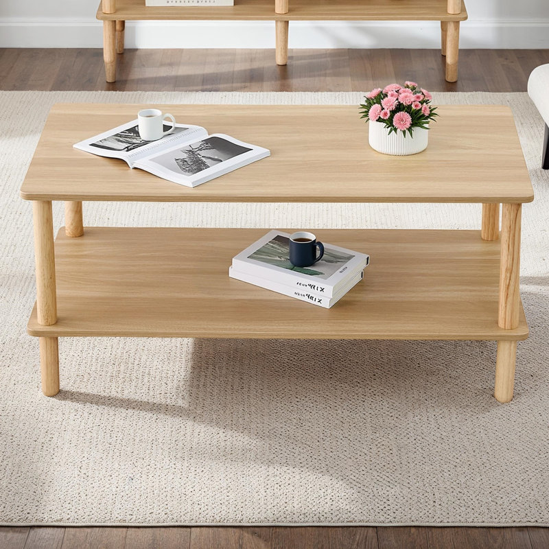 Open Storage Coffee Table Rectangular Center Table with 2-Tier Shelf, Wood