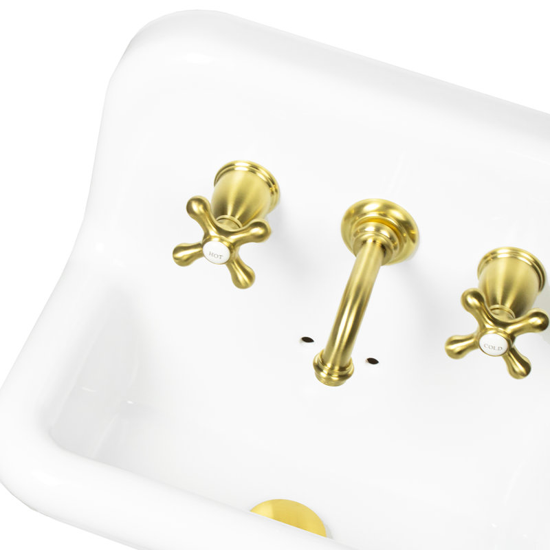 Nantucket Sinks 18-inch Fireclay Wallmount Bath Sink with Faucet, Drain and P-Trap Set, Brass/White