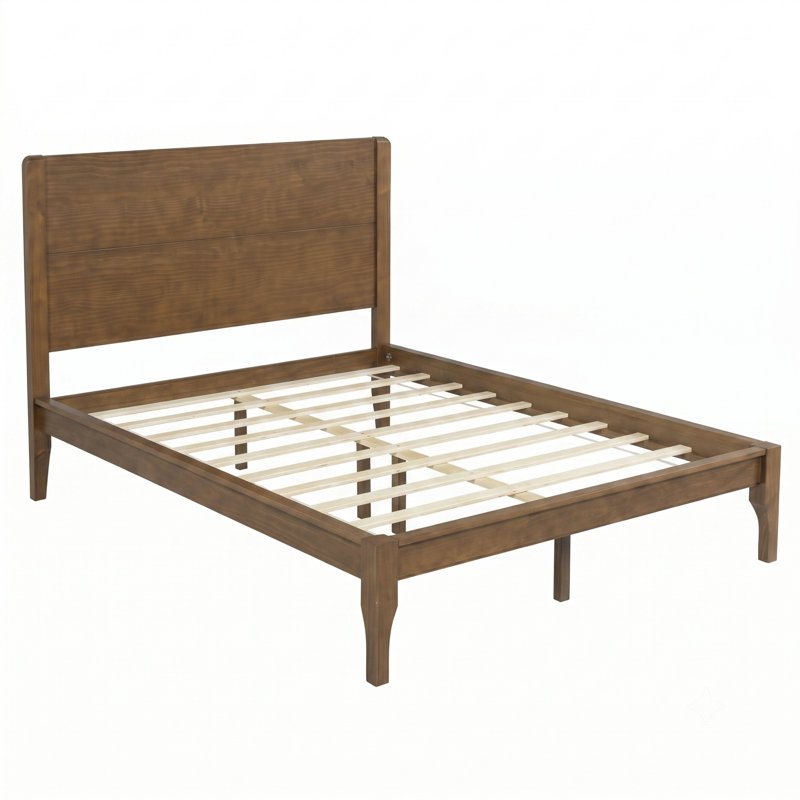 Lit avec tête et pied de lit hauts, lit plateforme avec cadre renforcé Pinewood, Grand lit, Noyer