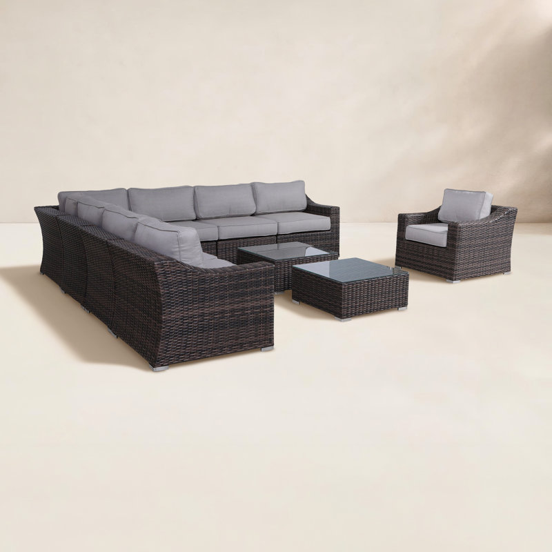 Ensemble de conversation pour 7 personnes avec coussins Saffi Wicker, Brun