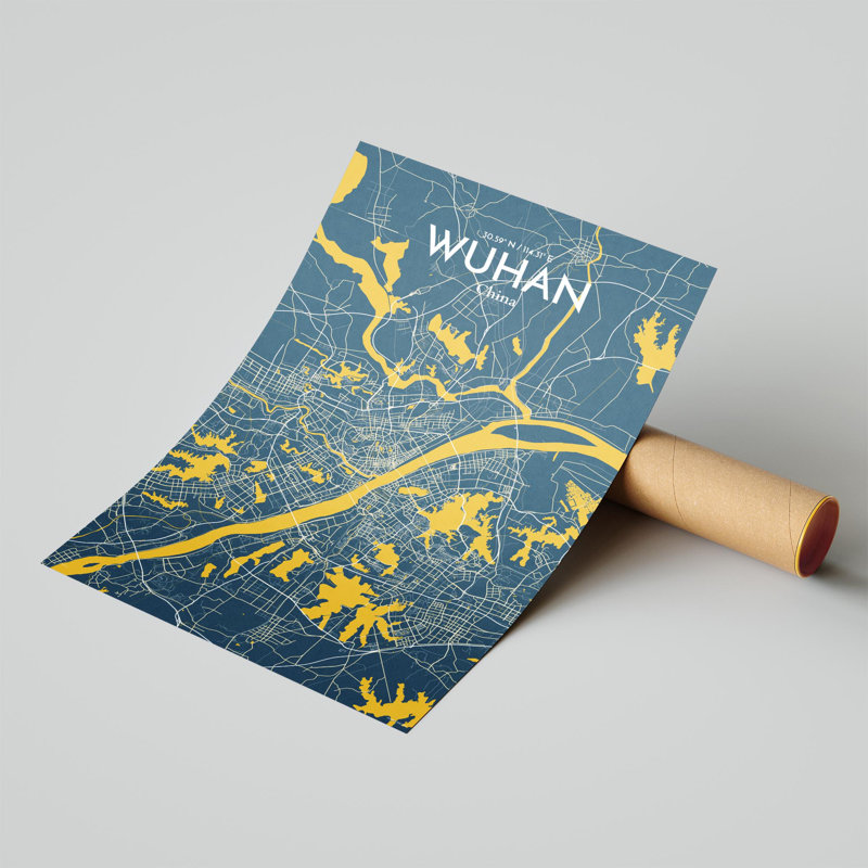 Carte de la ville de Whan, impression, H 17 po x l 11 po, Bleu / jaune