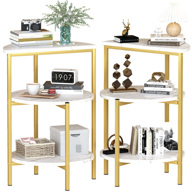 3-Tier End Table Living Room Set Of 2, Modern Style Faux Marble Side Table With Metal Frame And Soft Rubber Foot Pads, Small Nightstand Bedside Table 2 Pieces Set
