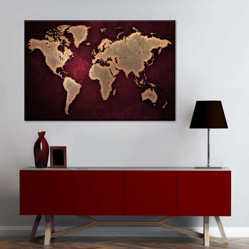 Maroon World Map Canvas Print, 20" H x 30" W x 1.25" D