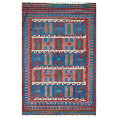 Tapis bleu, rose et rouge noué à la main de haute qualité