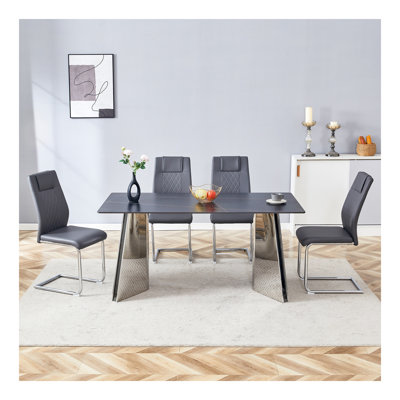 Ensemble de table et de chaises Table de salle à manger luxueuse en pierre frittée à motif de jade froide de 63 po x 31,5 po x 30 po avec pieds papillon en acier inoxydable.