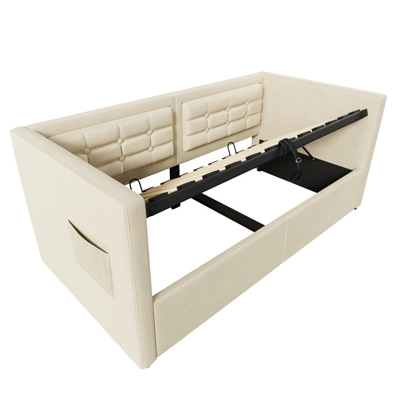 Upholstered Twin Size Daybed, Hydraulic Storage Twin Bed Frame With Usb & Type-C Charging, Bed Frame With Wooden Slats And Tufted Sofa Back, Velvet (Without Mattress)