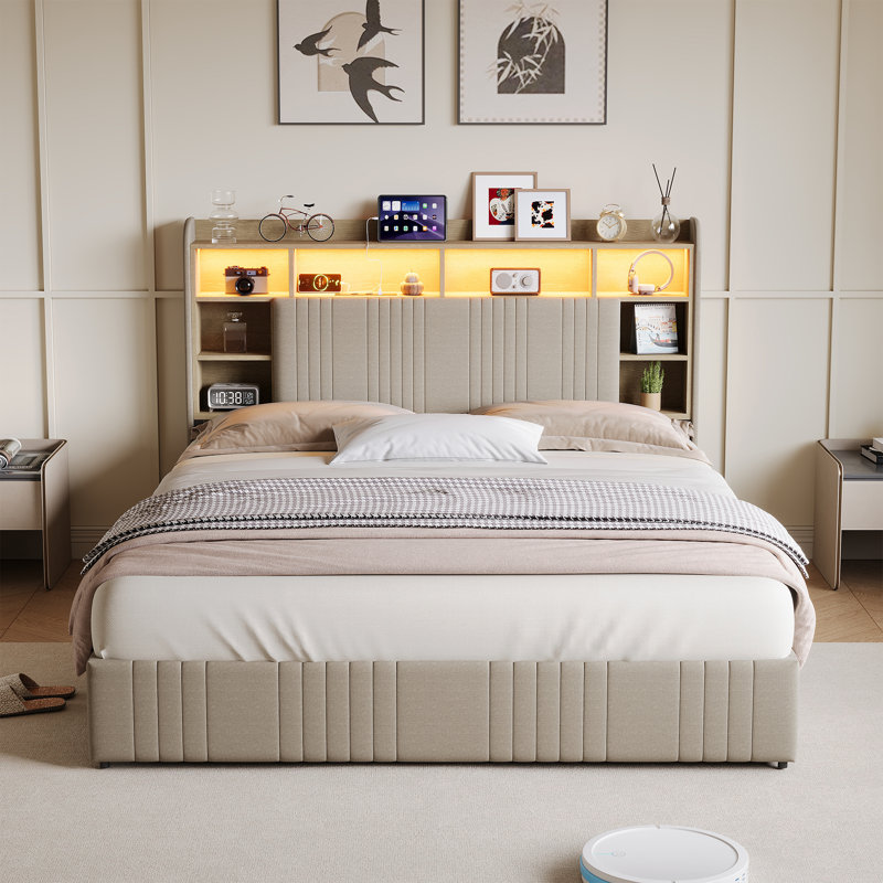 Upholstered Storage Bed, Beige, European Kingsize (160 x 200 cm)