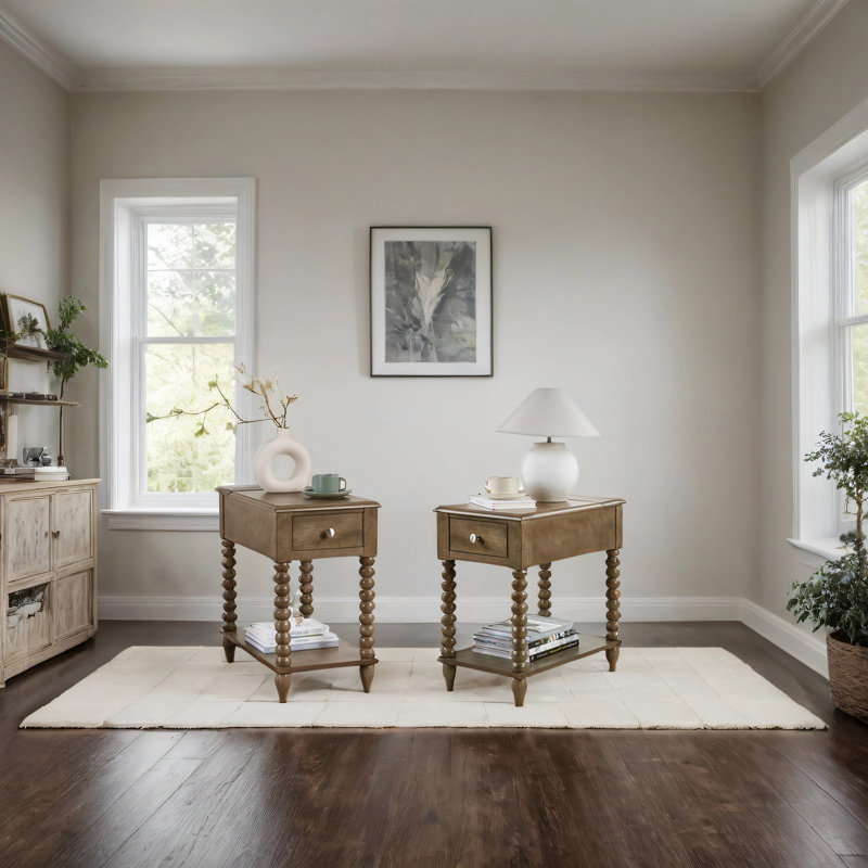 24" Tall Rustic Solid Wood End Table With Built-In Power Outlet And USB Port, Antique Cherry