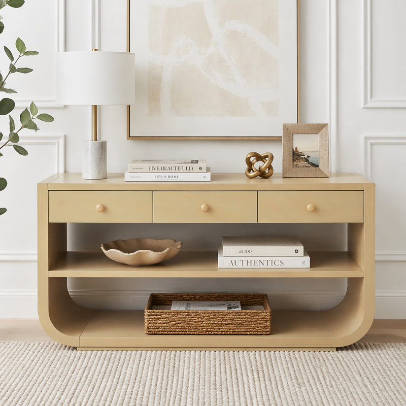 Console moderne avec 3 tiroirs à fermeture en douceur et 2 tablettes ouvertes, Natural