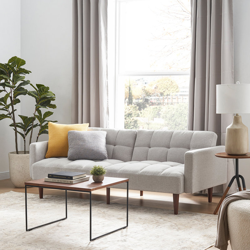 Reiana Twin 77.56'' Wide Faux Leather Convertible Sofa, Light Gray Fabric