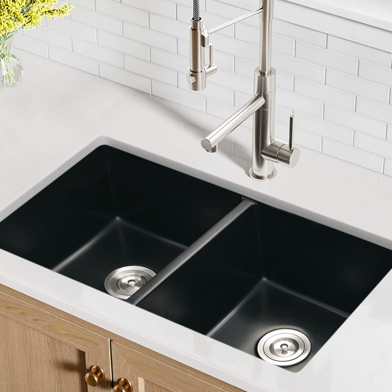 Évier encastré à double cuve en quartz noir L 32 po x l 18 po - résistant à la chaleur, à la teinture et à la rayure, pour crépine, pour un drainage rapide de la cuisine X