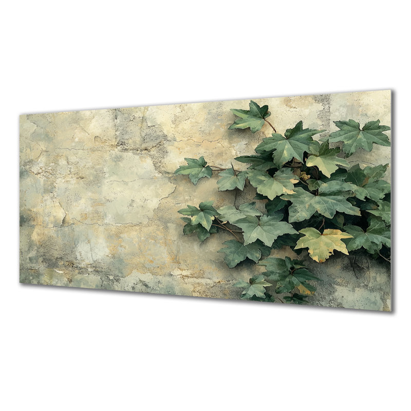 Collage de feuilles de lierre sur un mur I - feuilles, impression sur métal, H 28 po x l 60 po