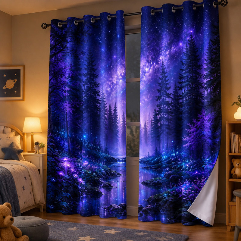Ensemble de 2 rideaux occultants à œillets imprimés « Forêt enchantée avec ciel étoilé », décor féerique et magique, réduction du bruit et protection de l'intimité, pour chambre, salon, cuisine et décoration intérieure.