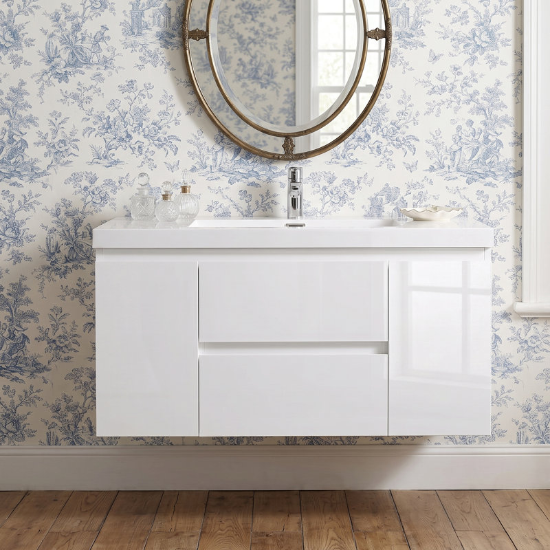 Meuble-lavabo suspendu de 48 po avec lavabo simple, blanc, armoire en mélamine et lavabo intégré en résine, fermeture amortie et entièrement assemblé.