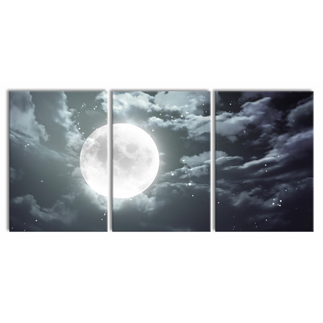 3-tlg. Leinwandbilder-Set Vollmond mit Sternen und Wolken