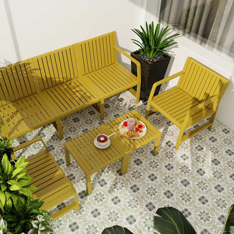 Mobilier intérieur / extérieur 5 pièces 3 places, 2 chaises, 2 tables basses, jaune, structure rouille, Pp toutes saisons, assemblage de 30 minutes, gigogne peu encombrante, patio confortable avec chaises et jaune