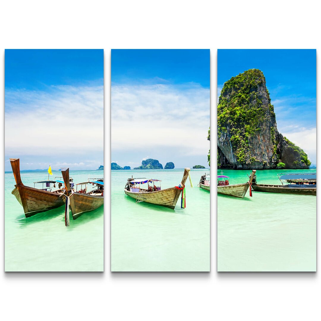 3-tlg. Leinwandbilder-Set Longtale Boote am Strand von Phuket - Thailand