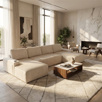 Compressible Corduroy Fabric Modular Sofa Set, U-shaped Minimalist Style, Suitable For Living Rooms