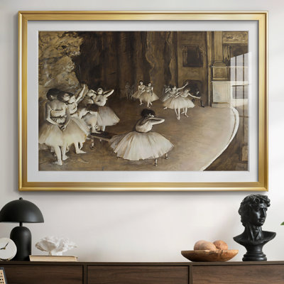 La répétition du ballet sur scène-Edgar Degas-Reproduction encadrée avec passe-partout et verre-1874