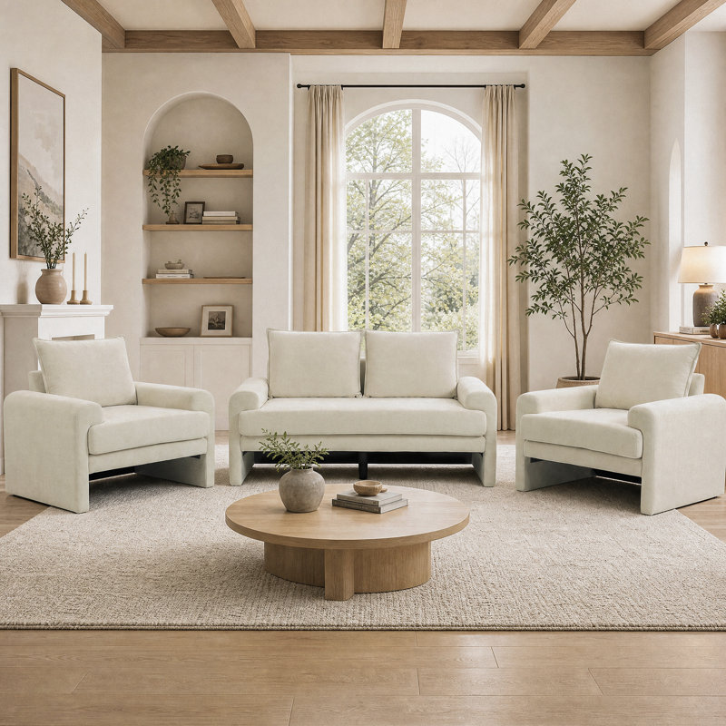 Ensemble canapé et fauteuil lounge rembourrés, collection de sièges en tissu avec accoudoirs incurvés et coussins profonds