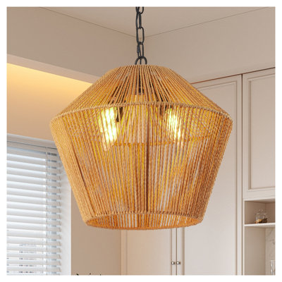Suspension bohème en corde de chanvre de 43 cm (17 po), luminaire suspendu artisanal de style campagnard avec hauteur réglable, finition naturelle pour îlot de cuisine ou salle à manger (ampoule non incluse)