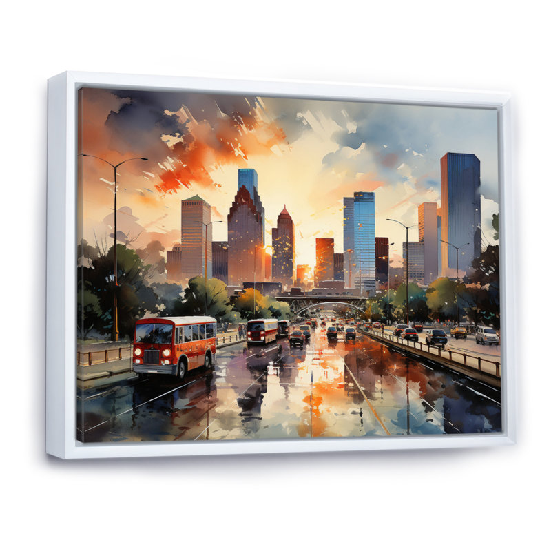 Houston City Horizons I sur impression sur toile, H 16 po x l 32 po x P 1 po, Cadre flottant blanc